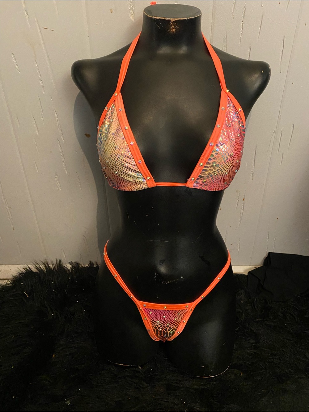 Iridescent Orange Hologram Triangle Bikini Set Exotic Dancewear